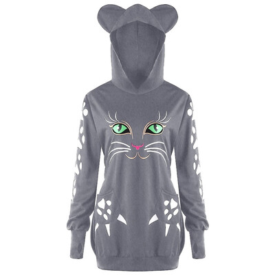 

Nomeni Womens Sweatshirt Cat Print Hoodie With Ears Hooded Pullover Tops Blouse