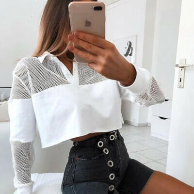 

Womens Crop Top Hollow Long Sleeve lapel Neck Ladies Casual Bralet T-Shirt Vest