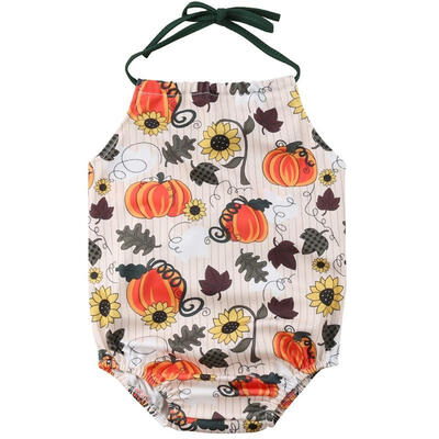 

Newborn Baby Girl Halloween Pumpkin Print Halter Romper Bodysuit Kids Sleeveless Clothes Outfits Costumes 0-24 Months