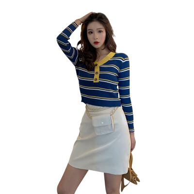 

Casual V-neck Striped Knitted Sweater Winter Clothes Women Long Sleeve Button Fashion Pullover Female Sweaters Crop Tops