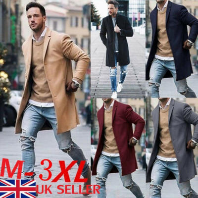 

Men Wool Coat Winter Trench Coat Outwear Overcoat Long Sleeve Button Up Jacket T
