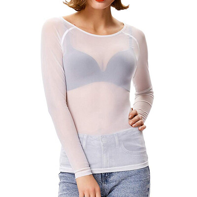 

Nomeni Women See-Through Long Sleeve Seamless Arm Shaper Top Mesh Shirt Blouse