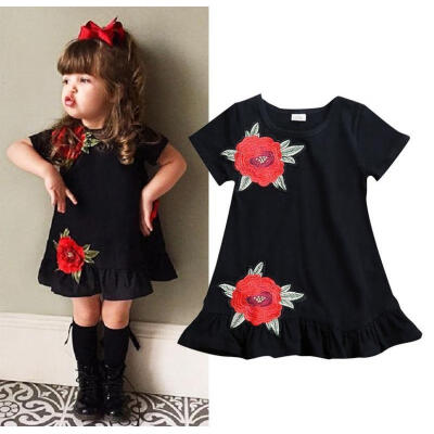 

Kids Baby Girl Summer Casual Short Sleeve Flower Embroidery Dress Hot 2018