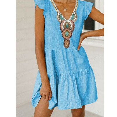 

Women Holiday Sleeveless V-neck Beach Bikini Cover Up Boho Linen Casual Beach Party Sun Mini Dress Sundress Kaftan