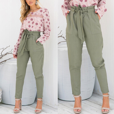 

Fashion Womens Casual Bow Bandage High Waist Harem Pants Solid Pockets Trousers