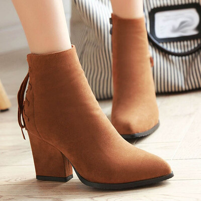 

Rose Fashion Pure Color Pointed Toe Zipper Boots Chunky Heels Vintage Women Boots