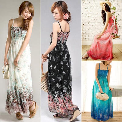 

New Women Ladies Chiffon Boho Beach Maxi Dress Sleeveless Pleated Long Sundress