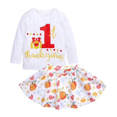 

Toddler Kids Baby Girl Letter T shirt TopsFloral Skirt Thankgiving Outfits Set