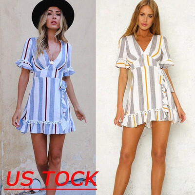 

US STOCK Women Boho Short Mini Dress Evening Cocktail Party Beach Dress Sundress