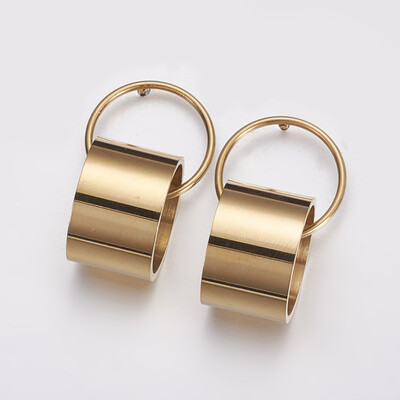 

304 Stainless Steel Dangle Stud Earrings Ring&Column Golden 31x18x175mm Pin 08mm