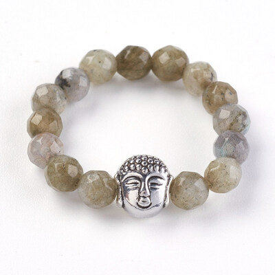 

Natural Labradorite Strech Rings with Alloy Buddha Beads Faceted Round Antique Silver Size 8 18mm