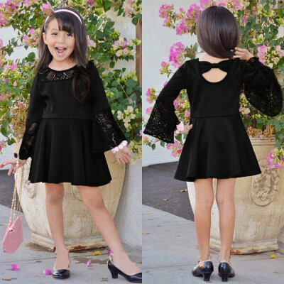 

Toddler Infant Baby Girl Long Sleeve Lace Dress Solid Bow Princess Clothes Dress