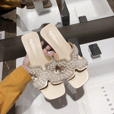 

Cold slippers slip-on shoes pearl H slippers wear fashion high heels&a word with a word