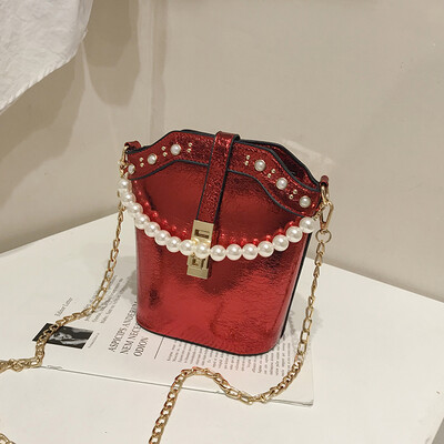

Summer laser bag new 2019 Joker Pearl handbag chic chain bucket bag womens bag Messenger bag