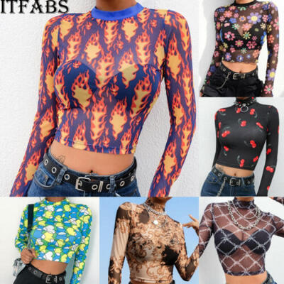 

Womens Hollow Mesh Net T-Shirt Long Sleeve Tee Tops Transparent Blouse Clubwear