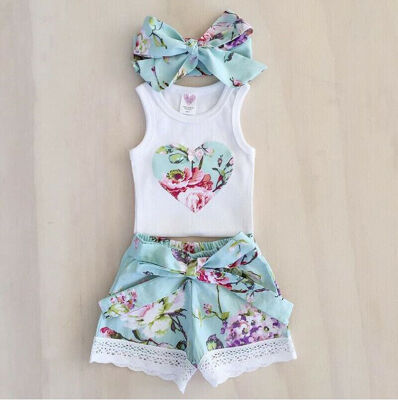 

3PCS Toddler Kids Baby Girls Floral T-shirt Vest TopsShort Pants Outfits Summer Clothes Set