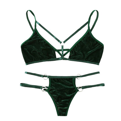 

Toponeto New Sexy Women Ring Linked Velvet Lingerie Set Hollowing V-Neck Bra With Thong