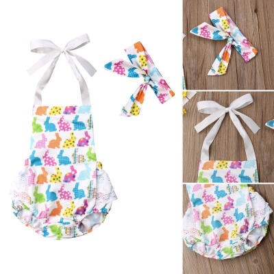 

Newborn Baby Girl Ruffle Sleeveless Backless Romper My1st Easter Rabbit Print Sleeveless Bodysuit Headband Outfits