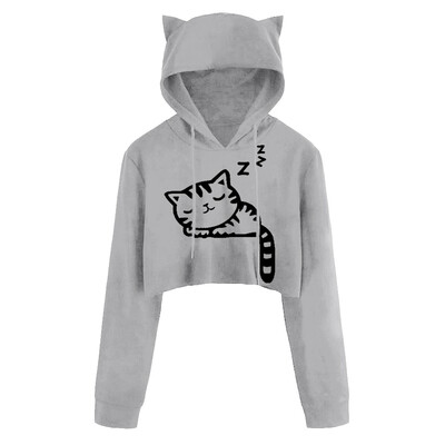 

Nomeni Women Sexy Casual Long Sleeve Cat Kitty Print Short Hoodies Blouse Top Pullover