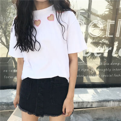 

Summer Women Short Sleeve T-shirts Heart Shape Hollow Solid Loose Tee Shirts O-Neck Women Casual Tee Tops Clothes