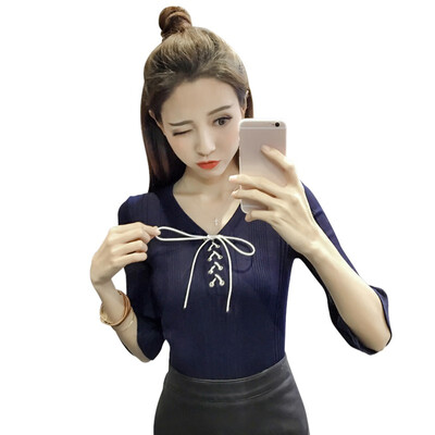 

casual summer v-neck knit crop t-shirt Women Flare Sleeve sexy slim top jacket girl female basic t shirt top cheap