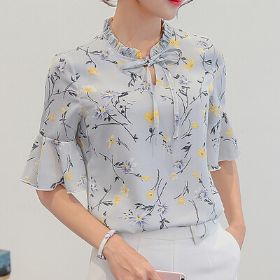 

Starmoon Women Summer Work Office Flare Sleeve Bow Tie Floral Print Chiffon Tee Shirt Top