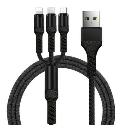 

3 In 1 Micro USB Data Cable Portable Universal Nylon Cord Fast Charging Line For Mobile Phones-1m