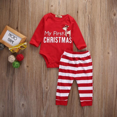 

Newborn Baby Girls MY First Christmas Romper Bodysuit Stripe Pants 2Pcs Outfits