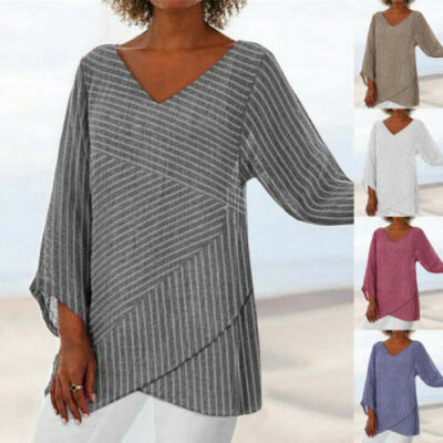 

Womens V Neck Striped Long Sleeve Casual Fashion Shirts Asymmetric Blouses Tops