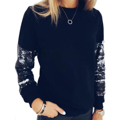 

Women Spring Splicing Sequins Tops Loose Long Sleeve Casual Knitting Shirts