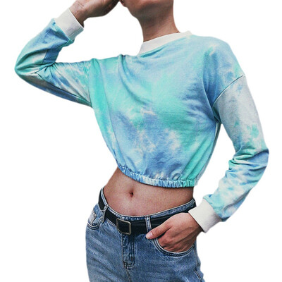 

Women 2019 New Hot Sale Europe And America Dyed Print Shirts Navel Gradient Rainbow Color Long-sleeved Short Clothes