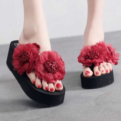 

Rose Women Summer Flowers Wild Beach Slippers Fashion Wedges Thick Bottom Flip Flops