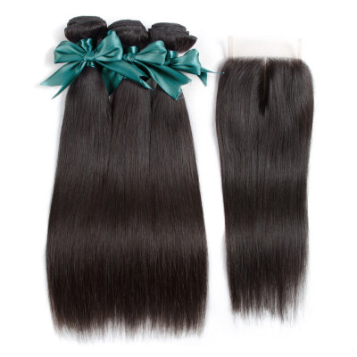 

10A Brazilian Virgin Hair Bundles with Closure Straight with Closure Human Hair with Closure Free Part Natural Color