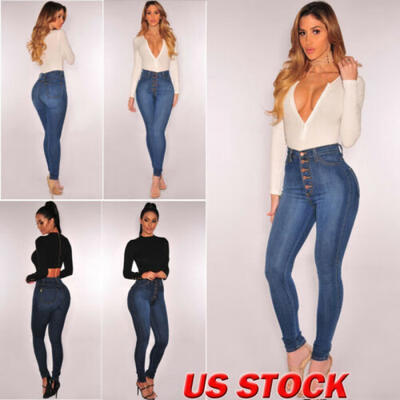 

WOMEN HIGH WAISTED Denim SKINNY JEANS JEGGINGS STRETCHY LONG Pants SIZE 6 To 20