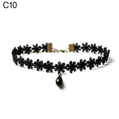 

Women\s Triangle Pendant Flower Lace Layered Wavy Velvet Vintage Choker Necklace