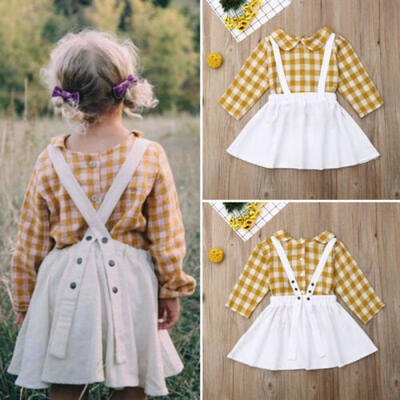 

US Kids Baby Girl Clothes Long Sleeve Plaid Shirt Bib Tutu Dress 2PCS Outfit Set