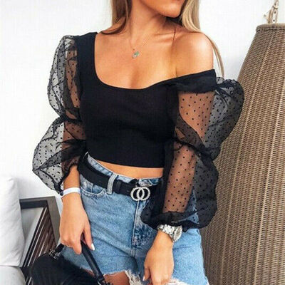 

Women Dot Print Cropped Tops See Through Tee T-shirts Mesh Puff Sleeve Blouse