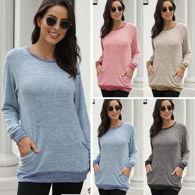 

Amazon explosion models 2019 autumn&winter new round neck contrast color pocket sweater long sleeve pullover sweatshirt casual