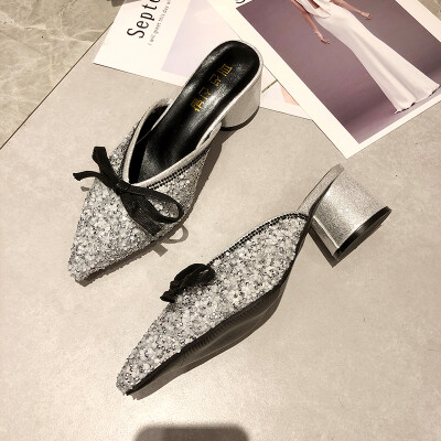 

Tip-toed thick-heeled Muller shoes middle-heeled nightclub womens shoes diamonds sequins single shoes bows half-slippers b