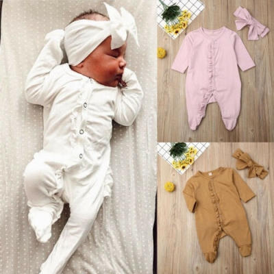 

2Pcs Infant Baby Boy Girl Footies Bodysuit Sleepwear Pyjamas Headband Autumn Clothes