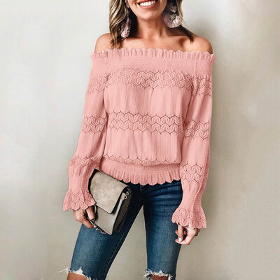 

Tailored Autumn And Winter Womens Solid Color Lace One Shoulder Long Sleeve Blouse