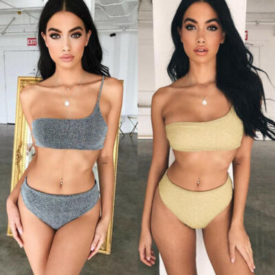 

Triangle Shiny One Shoulder Swimwear Padded Bra Bikini Set Swimsuit Lady Bandage