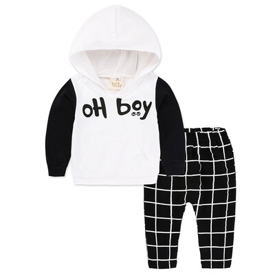 

2Pcs Newborn Infant Baby Boy Letter Hooded TopsPlaid Pants Clothes Set Outfits