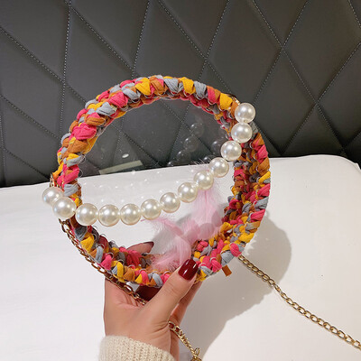 

2019 new woven round pearl handbag female chic wild chain cosmetic bag personalized transparent Messenger bag