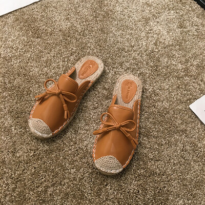 

Red fashion slippers wear autumn Korean Joker flat-bottomed straw bow Baotou half slippers