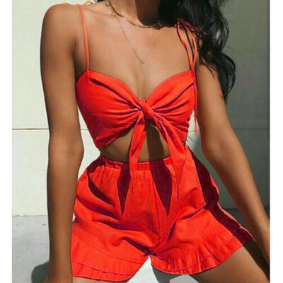 

Roseonmyhand Women Sexy Fashion Solid Color Strap Shirt Shorts Two-Piece Set