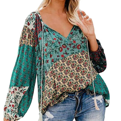

Women Loose V Collar Button Summer Cartoon Floral Print Loose Long Sleeve Casual Simple Wild T-Shirt