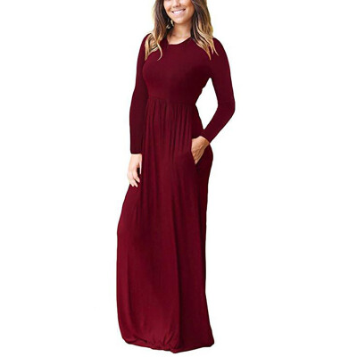 

Women Autumn Stylish Concise Casual All-match Solid Color Long Sleeve Round Collar Long Style Dress