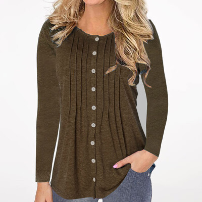

Autumn Winter Fashion Casual Women Cotton O-neck Long sleeve Button-down T-shirt