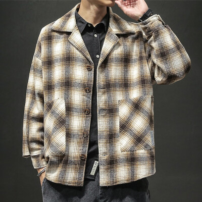 

Toponeto Mens New Winter Style Retro Checked Blouse Large Checked Sweater Coat Blouse